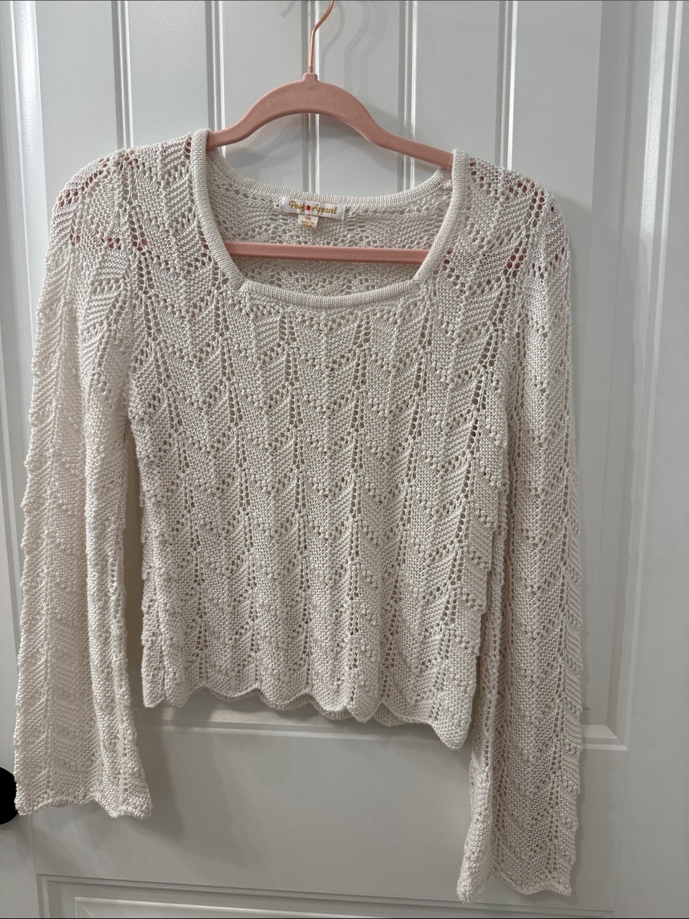 🔴 Light Cream Open-Knit Women's Sweater - Classic Scoop Neck